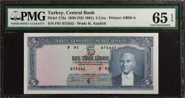 TURKEY. Lot of (2). Turkiye Cumhuriyet Merkez Bankasi. 5 Lira, 1930 (ND 1961-65). P-173a & 174a. PMG Gem Uncirculated 65 EPQ.
Estimate: $150.00 - 200...