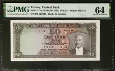 TURKEY. Turkiye Cumhuriyet Merkez Bankasi. 50 Lira, 1930 (ND 1964). P-175a. PMG Choice Uncirculated 64.
Estimate: $100.00 - 200.00