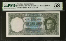 TURKEY. Turkiye Cumhuriyet Merkez Bankasi. 100 Lira, 1930 (ND 1964). P-177a. PMG Choice About Uncirculated 58.
Estimate: $150.00 - 200.00