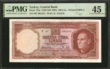 TURKEY. Turkiye Cumhuriyet Merkez Bankasi. 500 Turk Lirasi, 1930 (ND 1962). P-178a. PMG Choice Extremely Fine 45.
Printed by DBM-A. Series P67. The h...