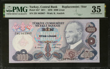 TURKEY. Turkiye Cumhuriyet Merkez Bankasi. 1000 Lirasi, 1970. P-191*. Replacement. PMG Choice Very Fine 35.
Estimate: $50.00 - 100.00