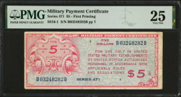 UNITED STATES. Military Payment Certificate. 5 Dollars, Series 471. PMG Very Fine 25.
PMG comments "Slit".
Estimate: $50.00 - 100.00