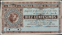 URUGUAY. El Banco de la Republica Oriental Del Uruguay. 10 Centesimos, 1896. P-1Cr. Remainder. Choice About Uncirculated.
A mis-cut is found in the u...