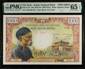 VIETNAM, SOUTH. National Bank. 1000 Dông, ND (1955-56). P-4As. Specimen. PMG Gem Uncirculated 65 EPQ.
This note was proposed to the government after ...