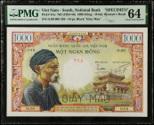 VIETNAM, SOUTH. National Bank. 1000 Dông, ND (1955-56). P-4As. Specimen. PMG Choice Uncirculated 64.
Known as the Holy Grail of South Viet Nam Bankno...