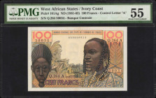 WEST AFRICAN STATES. Banque Centrale des Etats de l'Afrique de l'Ouest. 100 Francs, ND (1961-65). P-101Ag. PMG About Uncirculated 55.
Control letter ...
