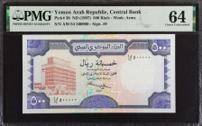 YEMEN, ARAB REPUBLIC. Central Bank of Yemen. 500 Rials, ND (1997). P-30s. PMG Choice Uncirculated 64.
Estimate: $300.00 - 500.00