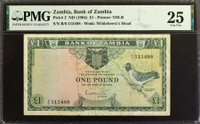 ZAMBIA. Bank of Zambia. 1 Pound, ND (1964). P-2. PMG Very Fine 25.
PMG comments "Minor Rust."
Estimate: $100.00 - 200.00