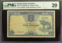ZAMBIA. Bank of Zambia. 5 Pounds, ND (1964). P-3. PMG Very Fine 20.
Estimate: $200.00 - 400.00