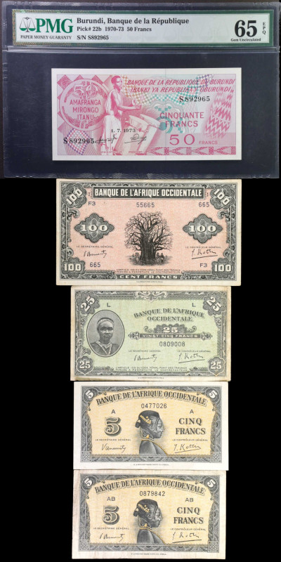 MIXED LOTS. Burundi, French West Africa. Lot of (5). Mixed Banks. Mixed Denomina...