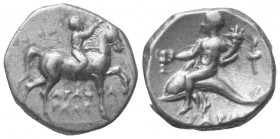 Kalabrien. Tarent.

 Didrachme oder Nomos (Silber). Ca. 272 - 240 v. Chr.
Vs: Nackter Jüngling zu Pferde mit erhobenem Arm nach rechts reitend; zwi...