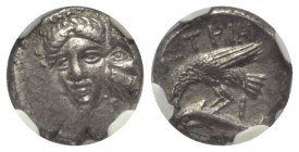 Moesia Inferior. Istros.

 Trihemiobol (Silber). Ca. 420 - 340 v. Chr.
Vs: Zwei jugendliche, männliche Köpfe nebeneinander en face, der rechte umge...