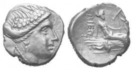 Euböa. Histiaia.

 Tetrobol (Silber). Ca. 3. - 2. Jhdt. v. Chr.
Vs: Kopf der Nymphe Histiaia mit Kranz aus Weinlaub und Reben rechts.
Rs: Die Nymp...