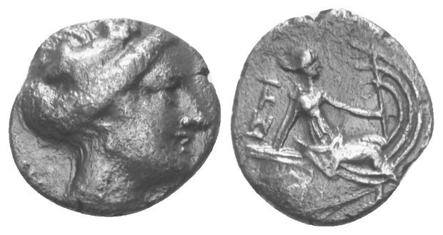 Euböa. Histiaia.

 Tetrobol (Silber). Ca. 3. - 2. Jhdt. v. Chr.
Vs: Kopf der ...