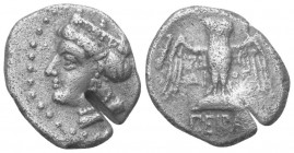 Pontos. Amisos.

 Drachme (Silber). Ca. 435 - 370 v. Chr.
Vs: Kopf der Hera-Tyche mit Mauerkrone links.
Rs: Eule mit gespreizten Flügeln en face s...