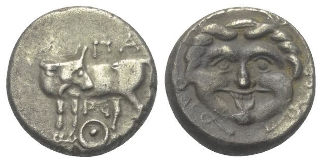 Mysien. Parion.

 Hemidrachme (Silber). 4. Jhdt. v. Chr.
Vs: Stier mit zurück...