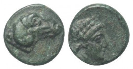 Troas. Kebren.

 Bronze. Ca. 387 - 310 v. Chr.
Vs: Widderkopf rechts.
Rs: Kopf des Apollon mit Lorbeerkranz rechts.

9 mm. 0,97 g. 

SNG Copen...