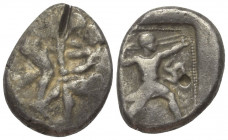 Pamphylien. Aspendos.

 Stater (Silber). Ca. 420 - 370 v. Chr.
Vs: Zwei Ringer einander gegenüber, der Linke packt mit beiden Händen den linken Arm...