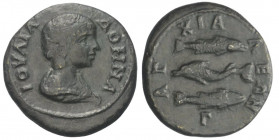 Thrakien. Anchialos. Iulia Domna (gest. 217 n. Chr.).

 Bronze.
Vs: Drapierte Büste rechts.
Rs: Delfin nach links schwimmend zwischen zwei nach re...