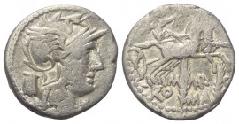M. Marcius.

 Denar (Silber). 134 v. Chr. Rom.
Vs: Kopf der Roma mit geflügeltem Helm rechts, dahinter Modius.
Rs: M MAR(Ligatur) C / ROMA. Victor...