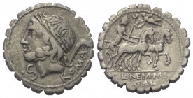 L. Memmius Galeria.

 Denar (Silber). 106 v. Chr. Rom.
Vs: ROMA. Kopf des Saturnus mit Lorbeerkranz links, dahinter Harpa; im Feld links C.
Rs: L ...