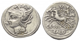 C. Coelius Caldus.

 Denar (Silber). 104 v. Chr. Rom.
Vs: Kopf der Roma mit geflügeltem Greifenkopfhelm links.
Rs: C COIL / CALD. Victoria in galo...