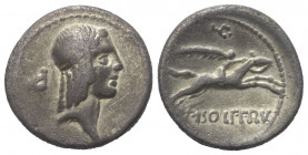 L. Calpurnius Piso Frugi.

 Denar (Silber). 90 v. Chr. Rom.
Vs: Kopf des Apollo mit Lorbeerkranz rechts, links davon Kontrollzeichen.
Rs: L PISO F...