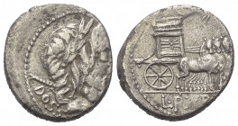 L. Rubrius Dossenus.

 Denar (Silber). 87 v. Chr. Rom.
Vs: DOSS[EN]. Belorbeerter Kopf des Jupiter mit Szepter über Schulter rechts.
Rs: L RVB[RI]...