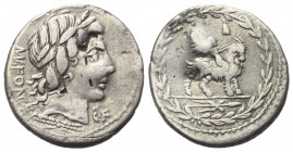 Mn. Fonteius.

 Denar (Silber). 85 v. Chr. Rom.
Vs: MN FONTEI C F. Kopf des Apollo mit Lorbeerkranz rechts, darunter Blitzbündel.
Rs: Cupido auf Z...