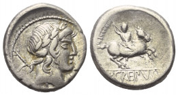 P. Crepusius.

 Denar (Silber). 82 v. Chr. Rom.
Vs: Kopf des Apollo mit Lorbeerkranz rechts, dahinter Szepter.
Rs: P CREPVSI. Reiter mit Lanze nac...