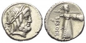 L. Procilius.

 Denar (Silber). 80 v. Chr. Rom.
Vs: Kopf des Jupiter mit Lorbeerkranz rechts, dahinter S C.
Rs: L PROCILI / F. Juno Sospita mit Sp...