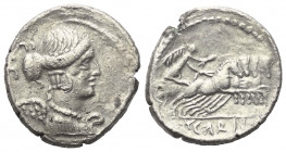 T. Carisius.

 Denar (Silber). 46 v. Chr. Rom.
Vs: S. C. Büste der Victoria rechts.
Rs: T CARISI. Victoria mit Kranz in Quadriga nach rechts fahre...