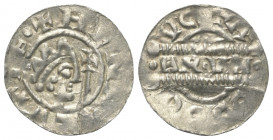 Friesland - Grafschaft. Bruno III. (1038 - 1057).

 Denar (Silber). Dokkum.
Vs: Kopf rechts, davor Kreuzstab. +HENRICVS RE.
Rs: Zwischen zwei Kerb...