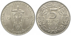 Weimarer Republik.

 5 Reichsmark (Silber). 1925 D. München.
Jahrtausendfeier der Rheinlande.

Vs: Ritter mit zum Schwur erhobener Rechter hinter...