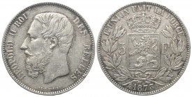 Belgien. Königreich. Leopold II. (1865 - 1909).

 5 Francs (Silber). 1873.
37 mm. 24,99 g. 

KM 24 1/1.
 Sehr schön.