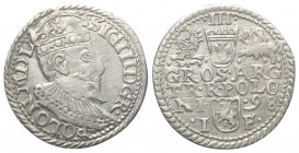 Polen. Königreich. Sigismund III. Wasa (1587 - 1632).

 Dreigröscher (Silber). 1598. Ilkenau (Olkusz).
Vs: Gekrönter Kopf mit Harnisch- und Mühlste...