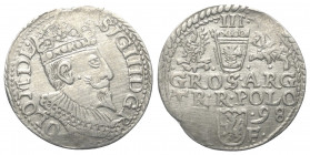 Polen. Königreich. Sigismund III. Wasa (1587 - 1632).

 Dreigröscher (Silber). 1598. Ilkenau (Olkusz).
Vs: Gekrönter Kopf mit Harnisch- und Mühlste...