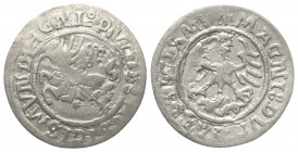 Polen. Litauen. Sigismund I. Stary (1506 - 1544).

 Halbgroschen (Silber). 1519 (?).
Vs: Reiter mit erhobenem Schwert.
Rs: Adler.

20,5 mm. 1,06...