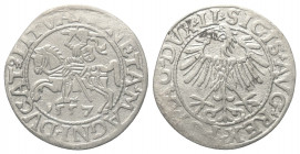 Polen. Litauen. Sigismund II. August (1545 - 1572).

 Halbgroschen (Silber). 1557. Vilnius (Wilno).
Vs: Reiter mit erhobenem Schwert, darunter Ster...