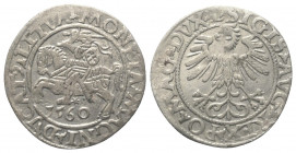 Polen. Litauen. Sigismund II. August (1545 - 1572).

 Halbgroschen (Silber). 1560. Vilnius (Wilno).
Vs: Reiter mit erhobenem Schwert, darunter Ster...