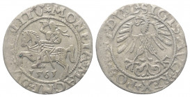 Polen. Litauen. Sigismund II. August (1545 - 1572).

 Halbgroschen (Silber). 1565. Vilnius (Wilno).
Vs: Reiter mit erhobenem Schwert, darunter Ster...
