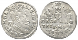 Polen. Litauen. Sigismund III. (1587 - 1632).

 Dreigröscher (Silber). 1596. Wilno (Vilnius).
Vs: Bekrönter Kopf mit Harnisch- und Mühlsteinkragen....