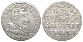 Polen. Litauen. Sigismund III. (1587 - 1632).

 Dreigröscher (Silber). 1596. Riga.
Vs: Bekrönter Kopf mit Harnisch- und Mühlsteinkragen.
Rs: Unter...