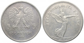 Polen. Zweite Republik (1918 - 1939).

 5 Zlotych (Silber). 1928. Warschau.
Vs: Gekrönter Adler mit geöffneten Flügeln. 
Rs: Geflügelt Victoria na...
