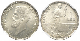 Rumänien. Karl I. (1881 - 1914).

 Leu (Silber). 1914. Brüssel.
NGC MS 65 (6141419-019).

Vs: Kopf links.
Rs: Frau mit Spinnrocken schreitet auf...