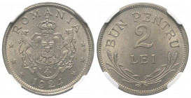Rumänien. Ferdinand I. (1914 - 1927).

 2 Lei (Kupfer-Nickel). 1924. Brüssel.
NGC MS 64 (6141419-013).

Vs: Bekröntes Wappen, von zwei Löwen link...