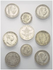 Österreich - Lots.

Kaisertum Österreich (1804 - 1918).
Franz Joseph I. (1848 - 1916).

Lot (9 Stück, Silber): 10 Kreuzer 1872 und 1888, 1 Krone ...