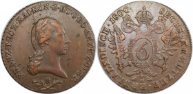 6 Kreuzer 1800 B
RDR – Habsburg – Österreich, RÖMISCH-DEUTSCHES REICH. Franz II. 6 Kreuzer 1800 B. Kupfer. KM 2128. Sehr schön+