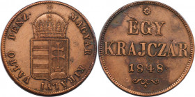 1 (Egy) Kreuzer 1848 
RDR – Habsburg – Österreich, KAISERREICH ÖSTERREICH. Revolutionsausgabe (1848-1849). 1 (Egy) Kreuzer 1848. Kupfer. KM 430. Vorz...