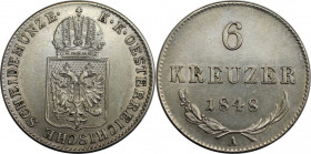 6 Kreuzer 1848 A
RDR – Habsburg – Österreich, KAISERREICH ÖSTERREICH. 6 Kreuzer 1848 A. Jaeger 262. Stempelglanz. Erhaltung!